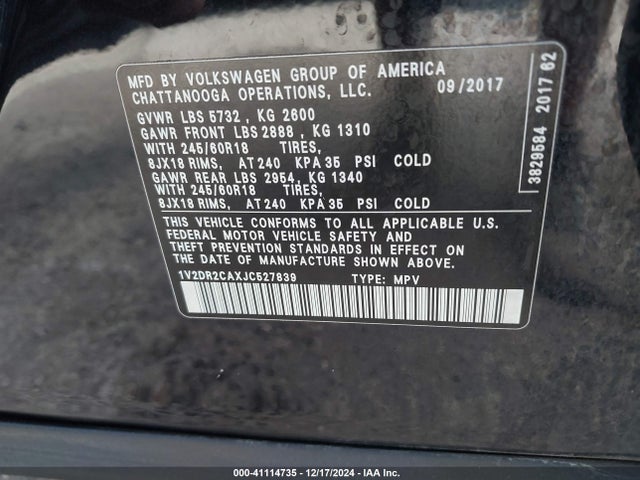 1V2DR2CAXJC527839 Volkswagen Atlas 3.6l V6 Se/3.6l V6 Se W/technology
