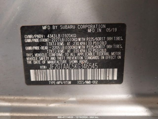 JF2GTAAC5KG346545 Subaru Crosstrek 2.0i