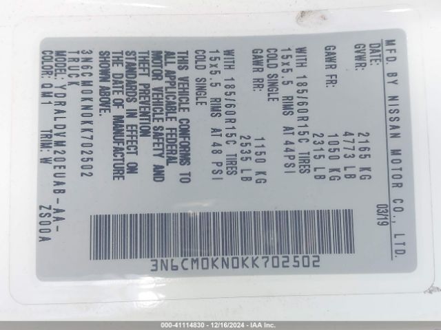 3N6CM0KN0KK702502 Nissan Nv200 S