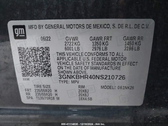 3GNKBHR40NS210726 Chevrolet Blazer Awd 2lt