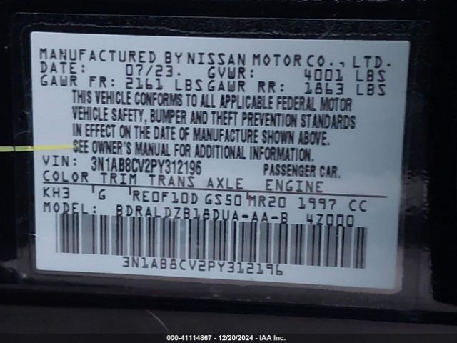 3N1AB8CV2PY312196 Nissan Sentra Sv Xtronic Cvt