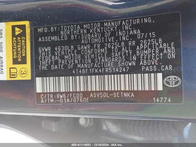 Toyota CAMRY LE 2015 4T4BF1FK4FR514247 Image 9