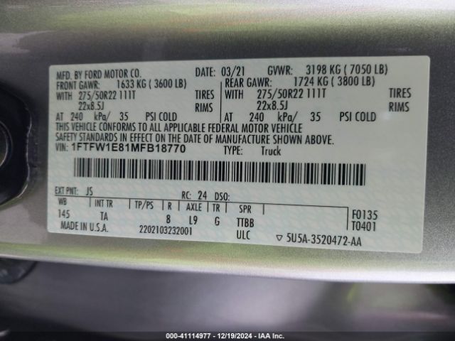 1FTFW1E81MFB18770 Ford F-150 Limited