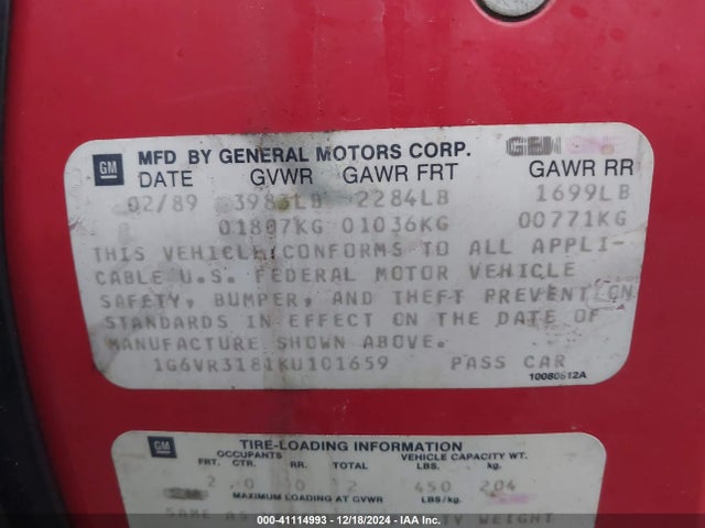 1989 CADILLAC ALLANTE 1G6VR3181KU101659 Photo 8