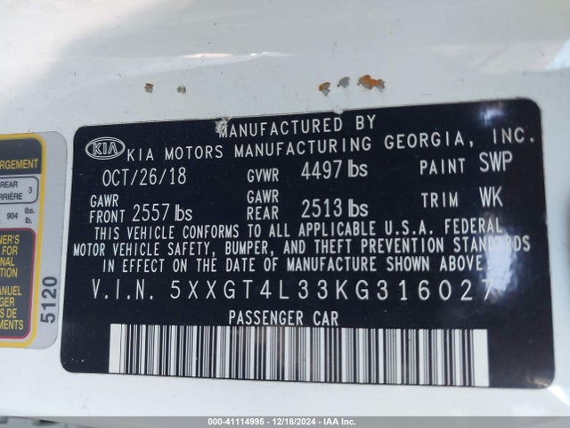 KIA Optima Lx 2019 5XXGT4L33KG316027 Image 9