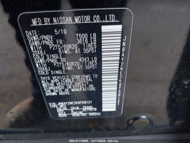 JN8AY2NE2K9759121 Nissan Armada Platinum