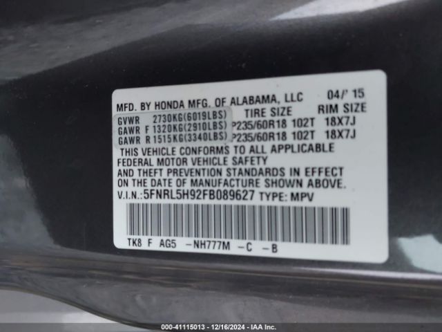 5FNRL5H92FB089627 Honda Odyssey Touring/touring Elite