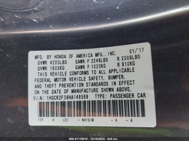 Honda ACCORD LX 2017 1HGCR2F38HA149599 Image 9