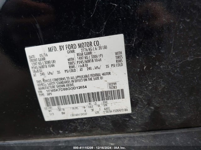 Ford EXPLORER XLT 2016 1FM5K7D88GGD12654 Image 9
