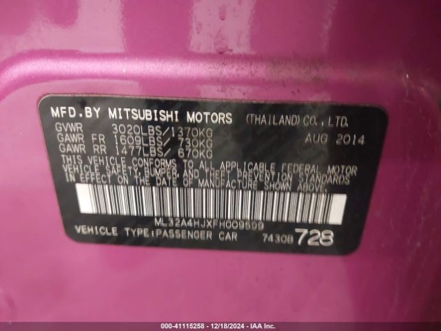 ML32A4HJXFH009599 Mitsubishi Mirage Es/rf