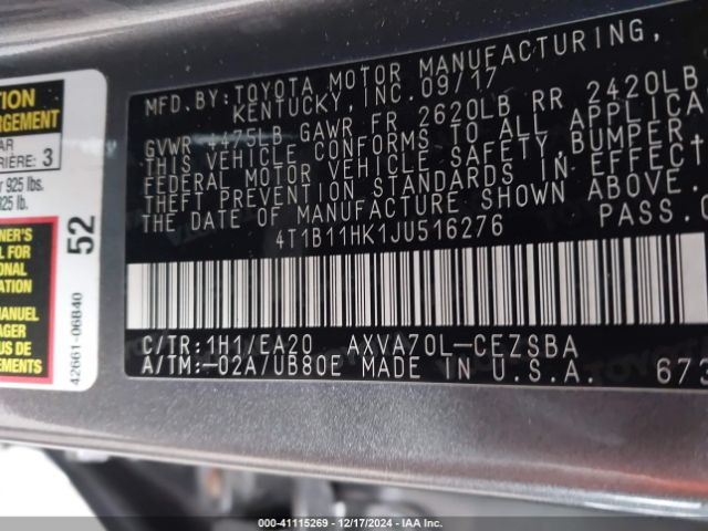2018 TOYOTA CAMRY 4T1B11HK1JU516276 Photo 8