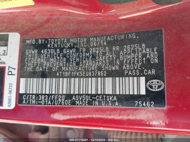 4T1BF1FK5EU837862 Toyota CAMRY SE