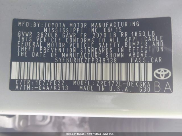 5YFBURHE7FP349138 Toyota Corolla L/le/le Pls/prm/s/s Pls