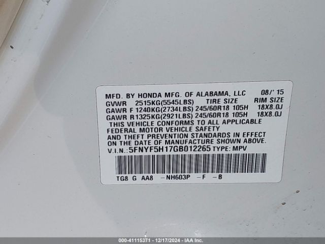 5FNYF5H17GB012265 Honda PILOT LX
