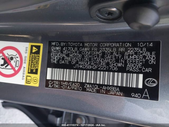 JTHKD5BH2F2221706 Lexus CT 200H