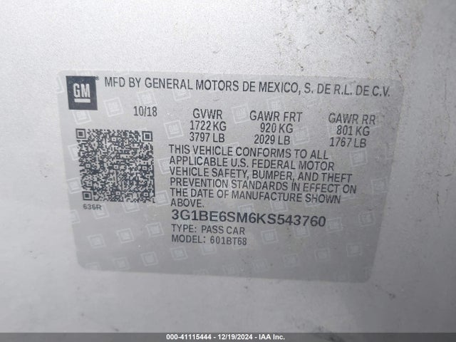 3G1BE6SM6KS543760 Chevrolet CRUZE LT