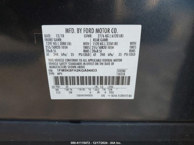 1FM5K8FH2KGA94433 Ford Explorer Limited