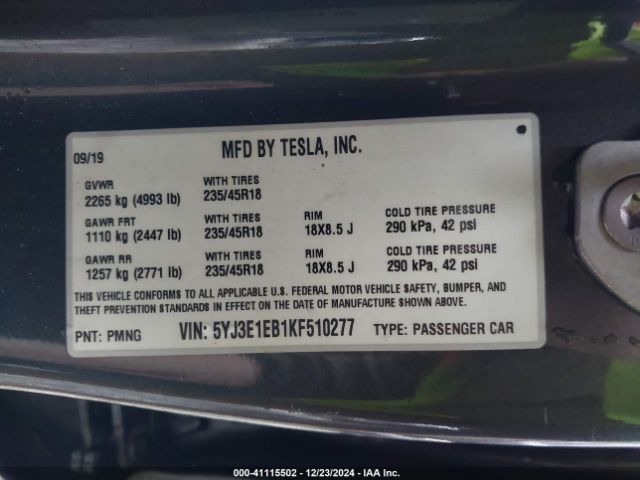 5YJ3E1EB1KF510277 Tesla Model 3 Long Range/performance
