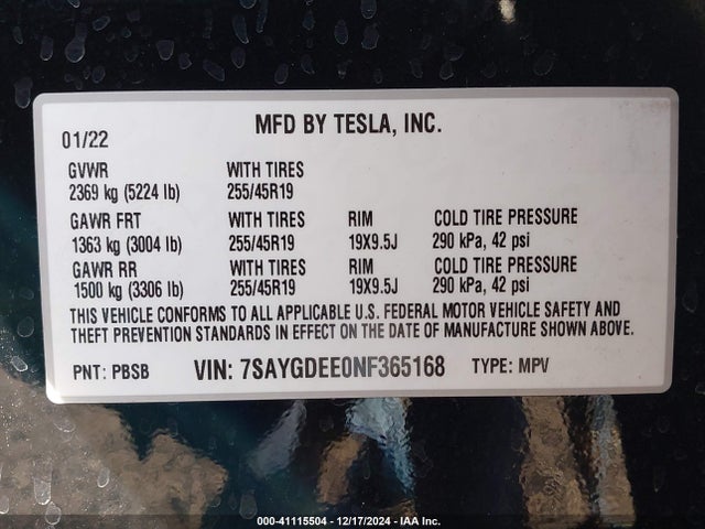 7SAYGDEE0NF365168 Tesla Model Y