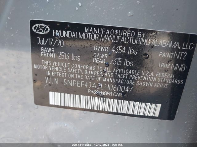 5NPEF4JA2LH060047 Hyundai SONATA SEL