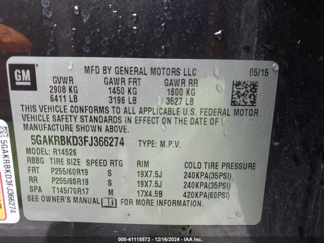 Buick Enclave Leather 2015 5GAKRBKD3FJ366274 Image 9