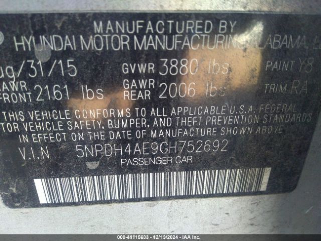 5NPDH4AE9GH752692 Hyundai ELANTRA SE
