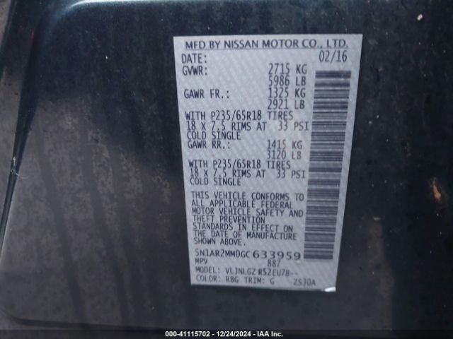 5N1AR2MM0GC633959 Nissan Pathfinder Sl