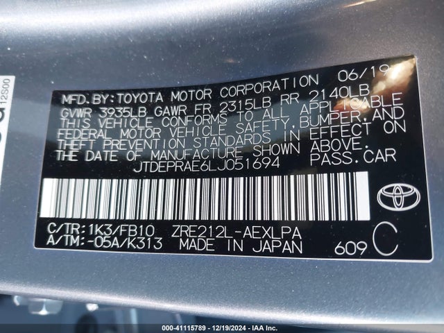 JTDEPRAE6LJ051694 Toyota COROLLA LE