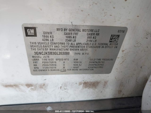 3GNCJKSB3GL263088 Chevrolet Trax 1ls
