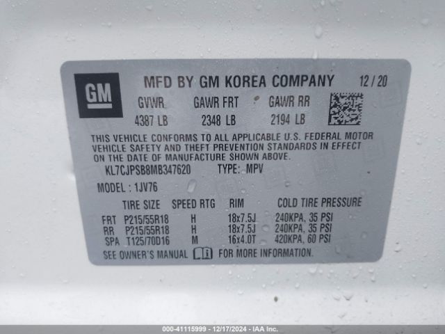 KL7CJPSB8MB347620 Chevrolet Trax Awd Lt
