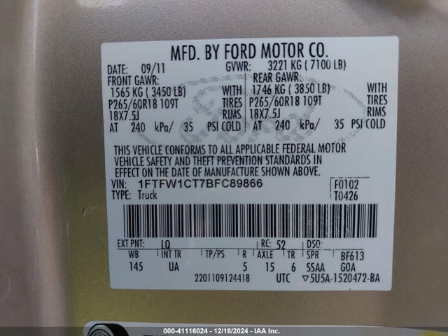 2011 Ford F-150 Xlt მანქანა იყიდება აუქციონზე, vin: 1FTFW1CT7BFC89866, აუქციონის ნომერი: 41116024
