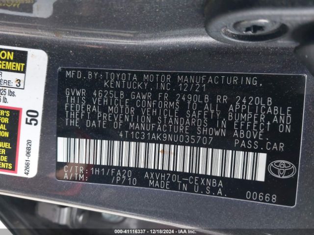 4T1C31AK9NU035707 Toyota Camry Le Hybrid