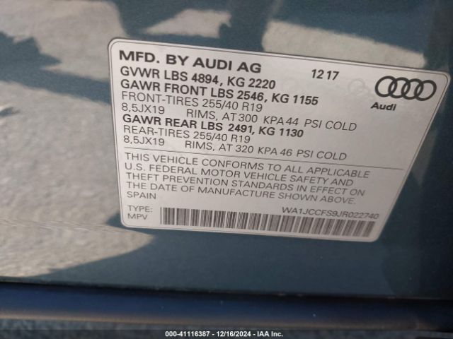 WA1JCCFS9JR022740 Audi Q3 2.0t Premium/2.0t Sport Premium