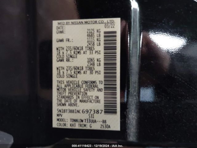 5N1BT3BB1NC697387 Nissan Rogue Sv Intelligent Awd
