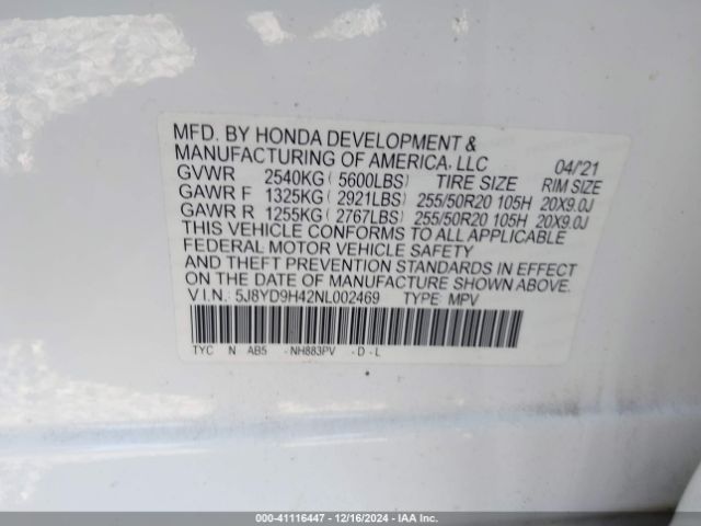 5J8YD9H42NL002469 Acura Mdx Technology Package