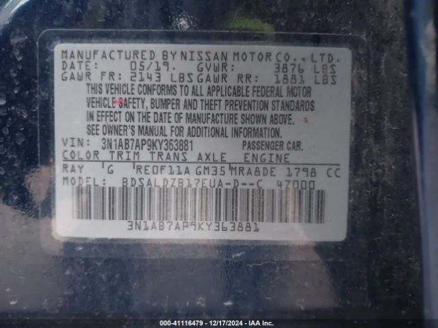 3N1AB7AP9KY363881 Nissan SENTRA SV