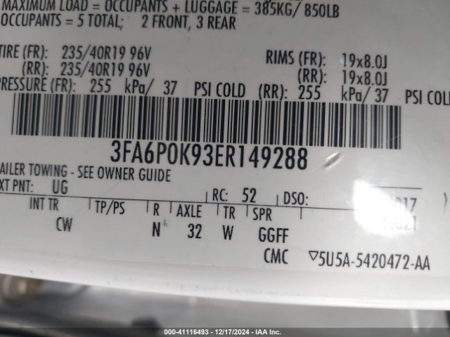 3FA6P0K93ER149288 Ford Fusion Titanium