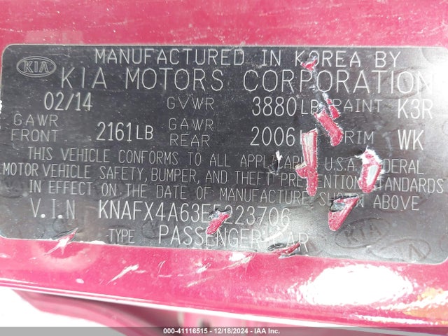 KNAFX4A63E5223706 KIA FORTE LX