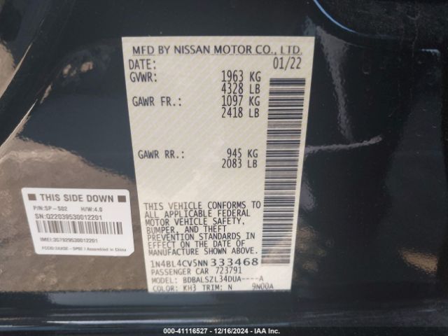1N4BL4CV5NN333468 Nissan Altima Sr Fwd