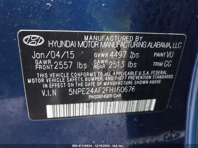 5NPE24AF2FH160676 Hyundai SONATA SE