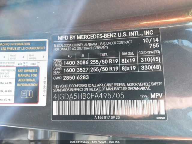 4JGDA5HB0FA495705 Mercedes-Benz Ml 350 4matic
