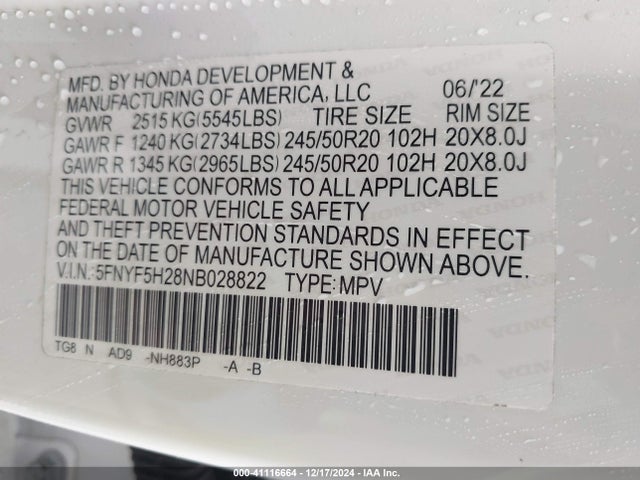 Honda Pilot 2wd Special Edition 2022 5FNYF5H28NB028822 Image 9