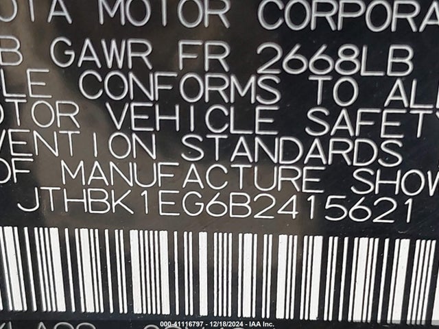 2011 Lexus Es 350 მანქანა იყიდება აუქციონზე, vin: JTHBK1EG6B2415621, აუქციონის ნომერი: 41116797