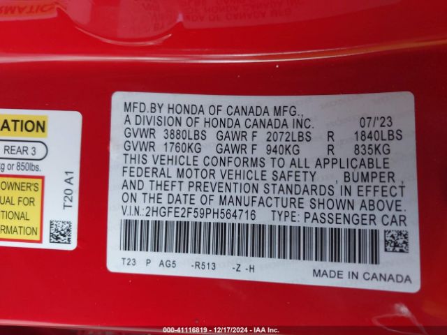 2HGFE2F59PH564716 Honda Civic Sport