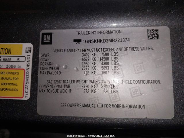 1GNSKNKD3MR221374 Chevrolet Tahoe 4wd Lt
