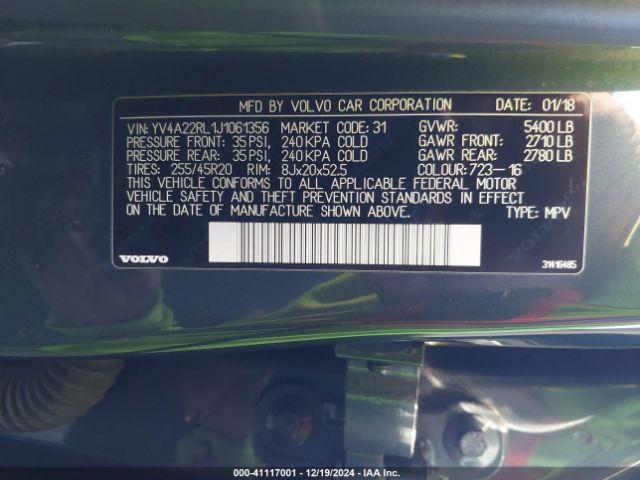YV4A22RL1J1061356 Volvo Xc60 T6 Inscription
