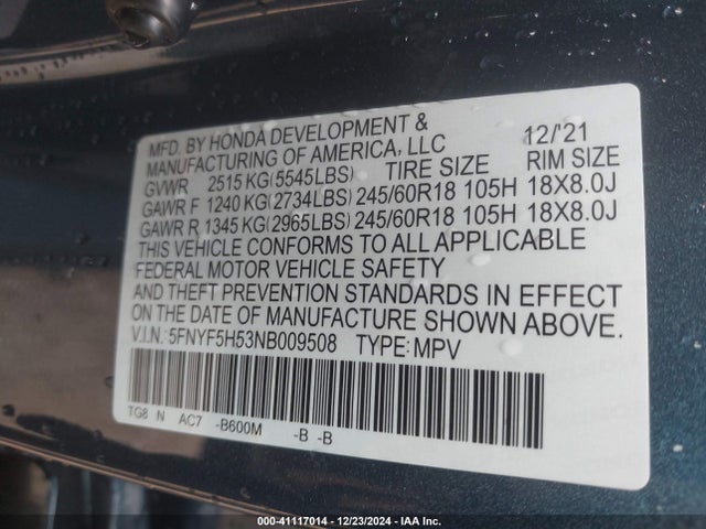 Honda Pilot 2wd Ex-l 2022 5FNYF5H53NB009508 Image 9