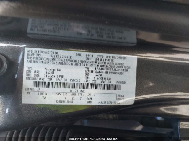1FADP3FE7JL313120 Ford FOCUS SE