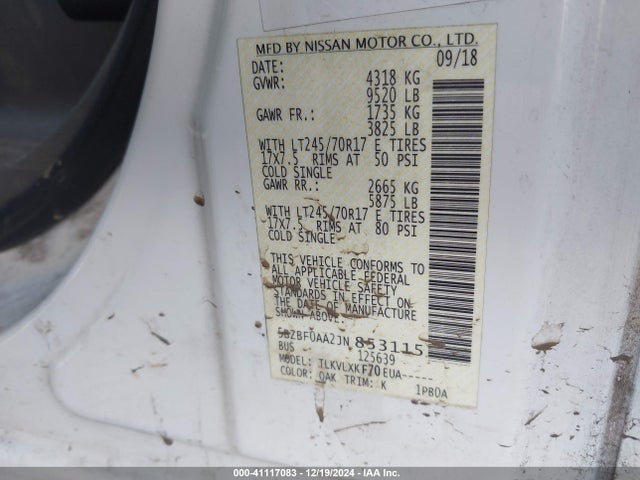 5BZBF0AA2JN853115 Nissan Nv Passenger Nv3500 Hd Sv V6
