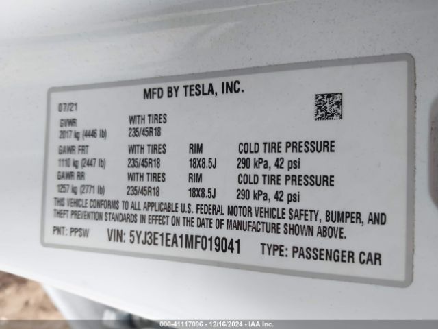 5YJ3E1EA1MF019041 Tesla Model 3 Standard Range Plus Rear-wheel Drive